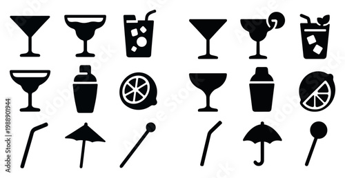 Cocktail icons with martini shaker and umbrella silhouette