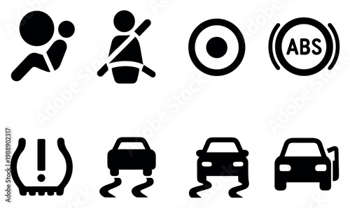 Vehicle safety icons with airbag seatbelt abs bold