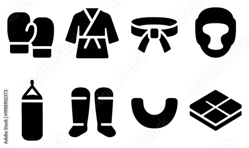 Martial arts icons with gloves gi belt solid glyph