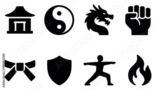 Martial arts icons with dragon fist belt bold minimal