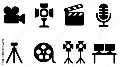 Film icons with camera clapper microphone silhouette