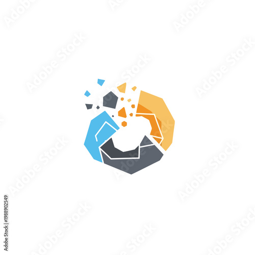 Abstract geometric shape with fragmented elements and vibrant colors.