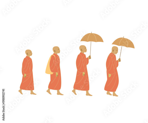 カンボジア　列になって歩く僧侶