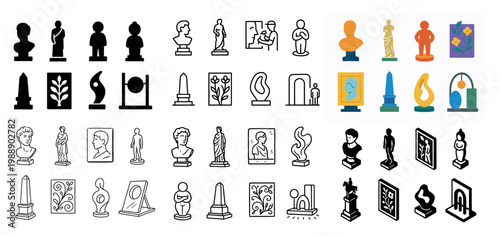 Variety of artistic sculptures and statues icons