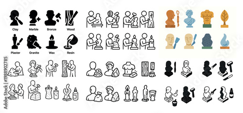 Various sculpture materials and techniques illustrated