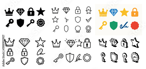 Assorted icon set: crowns, keys, stars, shields