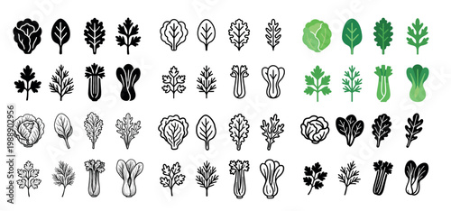 Vegetable leaf icons collection in black and green