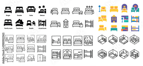 Variety of bed and room icons for interior design