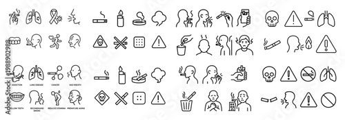 Smoking effects and health warnings icon set