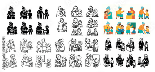 Elderly woman caring for children in various settings