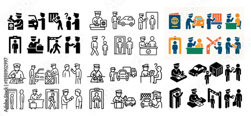 Airport security and customs check icon set
