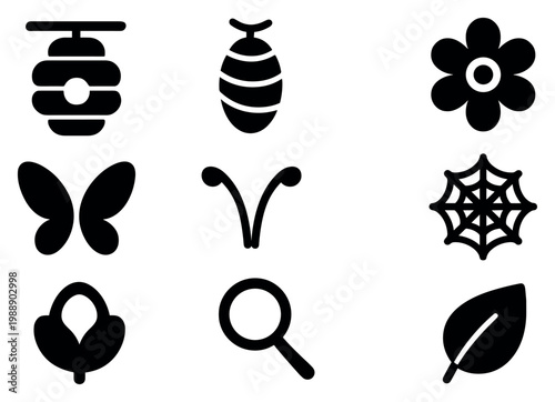 Nature icons with hive cocoon butterfly silhouette