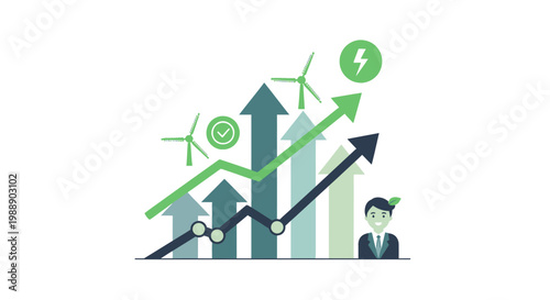 Businessman analyzing renewable energy growth and financial progress chart. EPS Editable. Vector Illustrations.