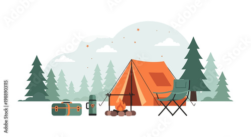Camping equipment arrangement featuring an orange tent and campfire. EPS Editable. Vector Illustrations.