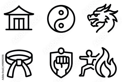 Martial icons with dragon belt temple outline