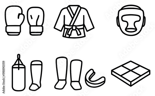 Combat sports icons with gloves gi headgear outline