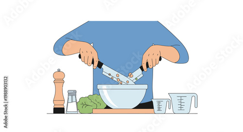 Chef preparing a fresh vegetable salad in a kitchen. EPS Editable. Vector Illustrations.