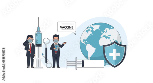 Business professionals promoting global vaccination and healthcare protection. EPS Editable. Vector Illustrations.