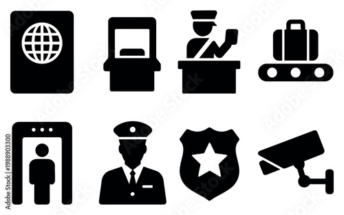 Security icons with passport luggage camera silhouette