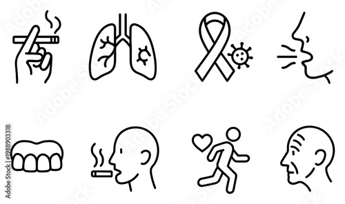 Health icons with lungs ribbon cigarette outline