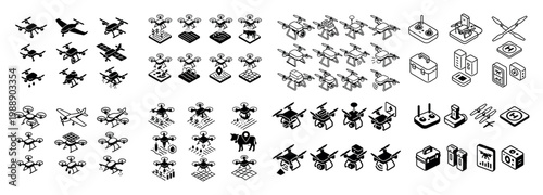 Drone icons set in various styles and configurations