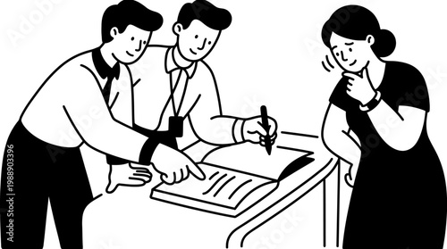 Business team collaborating on documents at office desk. EPS Editable. Vector Illustrations.