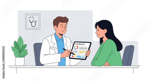 Doctor showing medical results on tablet to patient in clinic office