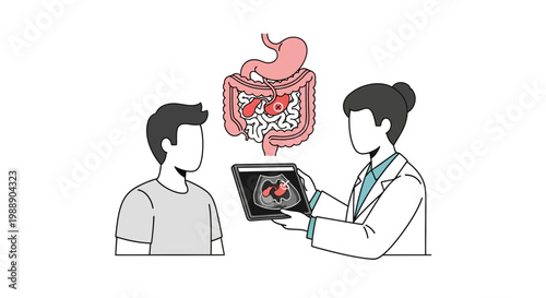 Doctor showing patient scan of digestive system with tumor, medical consultation