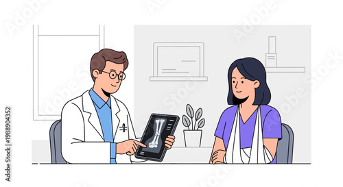 Doctor showing X-ray of broken leg to patient with arm cast in clinic