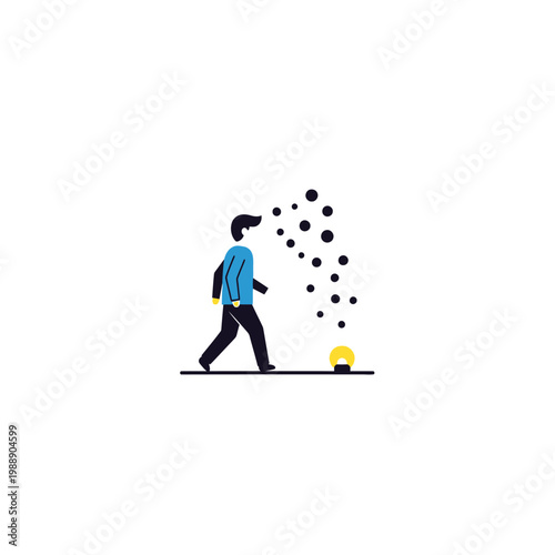 man walking with thoughts floating away.