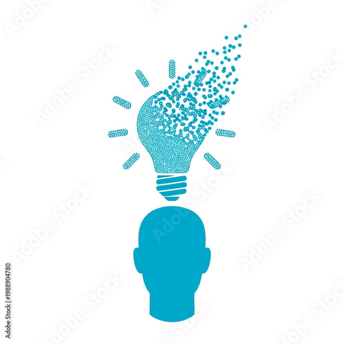 Abstract illustration of a blue human head silhouette with a light bulb above it, disintegrating into particles, symbolizing fading ideas, mental health, or creative loss.