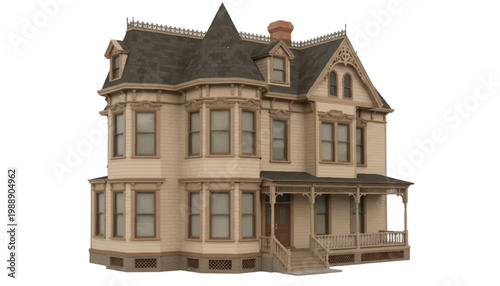 Large three story victorian style mansion with detailed architecture bay and shingle roof isolated on white background victorian architecture