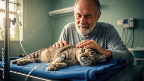 Elderly Man Comforts Sick Cat Receiving IV Drip at Vet Clinic
