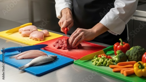 Chef Chopping Meat, Fish, Chicken and Vegetables on Color-Coded Cutting Boards