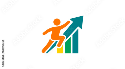 Abstract illustration of a person climbing a rising arrow graph.