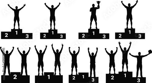 Athlete podium silhouettes, sports winners, victory icons, competition ranking, trophy celebration, team achievement, dynamic posture, vector illustration, design resource, graphic asset