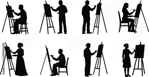 Artist silhouettes, painting figures, drawing icons, easel posture, creative activity, artistic gesture, studio resource, vector illustration, design asset, graphic concept