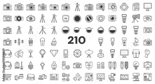 Set of 210 Photography Equipment and Camera Gear Line Icons