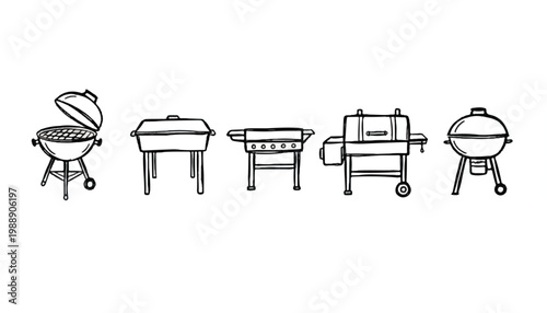 Set of barbecue grills and smokers in sketch style with food preparation barbecue grilling illustration collection equipment appliance appetizer