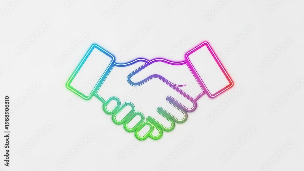 Fototapeta premium Vibrant neon gradient handshake symbol depicting global collaboration and digital partnership
