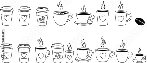 Coffee cup silhouettes, steaming mugs, disposable cups, ceramic designs, hot beverage art, café illustration, drink container, coffee bean concept