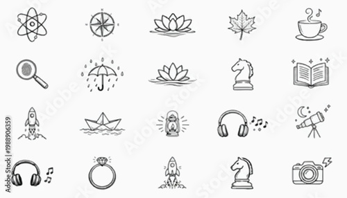 Collection of hand-drawn icons representing various concepts and hobbies with collection illustration magnifying umbrella headphones telescope