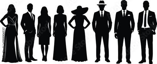 Formal attire silhouettes, elegant figures, suit and dress design, fashion illustration, stylish posture, classic clothing, professional wear concept