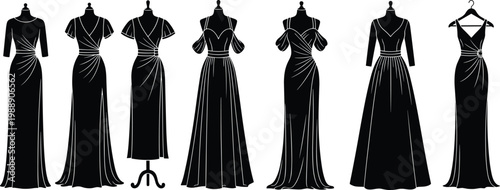 Evening gown silhouettes, fashion icons, elegant dresses, formal attire, stylish clothing, vector illustration, design resource, fashion collection, identity concept, graphic asset