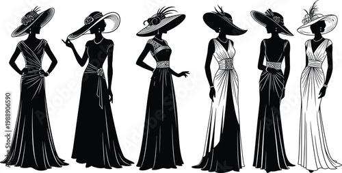 Evening gown silhouettes, wide-brimmed hats, elegant fashion, floral embellishments, feather accessories, classic attire, graceful posture, vector illustration, design resource, graphic asset
