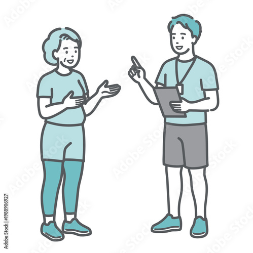 男性トレーナーと笑顔で会話するぽっちゃりシニア女性のイラスト