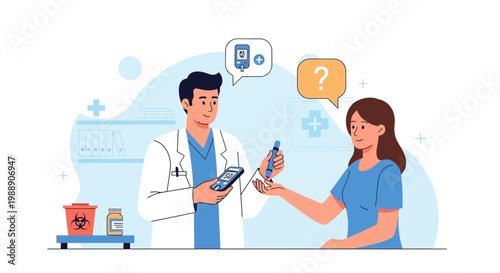 Doctor Explains Blood Sugar Test to Patient, Diabetes Management Concept