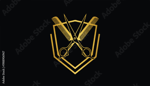 Gold barber scissors and comb emblem on black background with hair styling hair cutting hair tools barber shop scissors hairdresser grooming