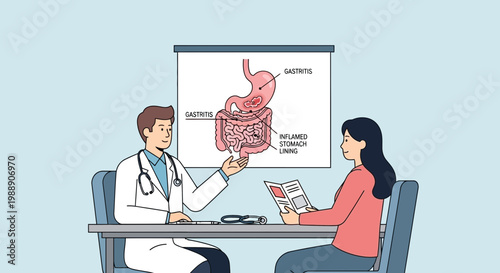 Doctor explains gastritis to patient, showing stomach diagram on screen