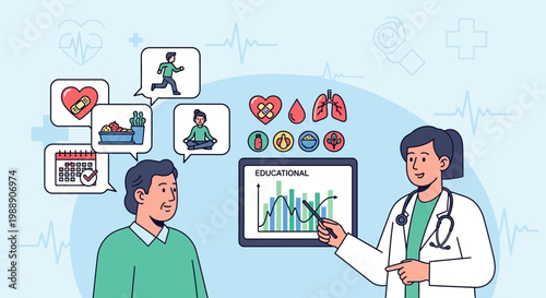 Doctor explains health benefits to patient, showing healthy lifestyle icons and charts